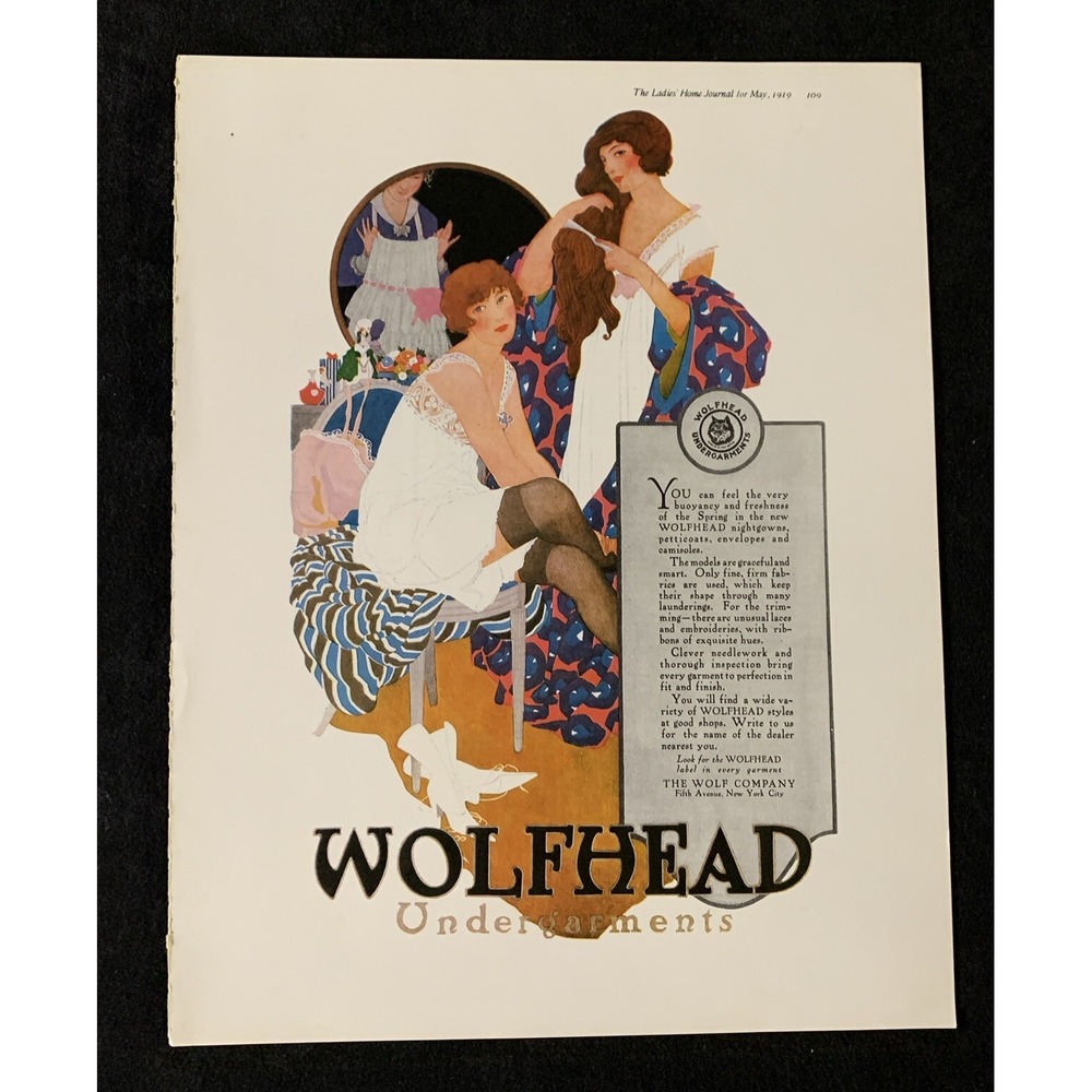 Vintage 1919 Print AD WOLFHEAD Undergarments Lingerie Women's Fashion Ephemera